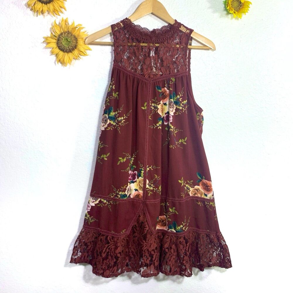 Entro Floral Sleeveless Maroon Dress Size Medium Womens